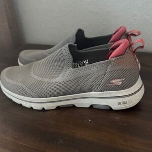 Skechers Gray and Pink Ultra Go Slip-Ons